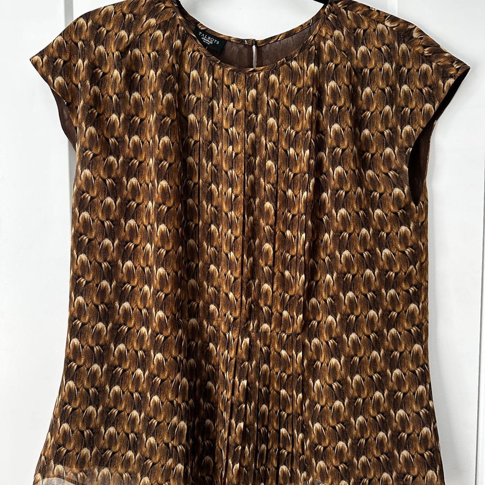 TALBOTS Brown and Gold Yellow Pleated Blouse with Bib Collar 10P Petites